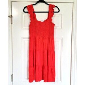 SOMA Size M Smocked Rayon Flutter Ruffle Sleeve Shelf Bra Red Challis Sun Dress